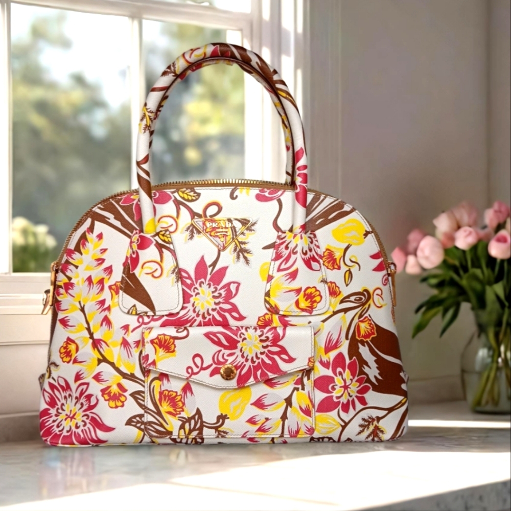Prada RARE 💐 Large Floral Saffiano Lux Promenade Dome Sachel Bag - Picture 3 of 17